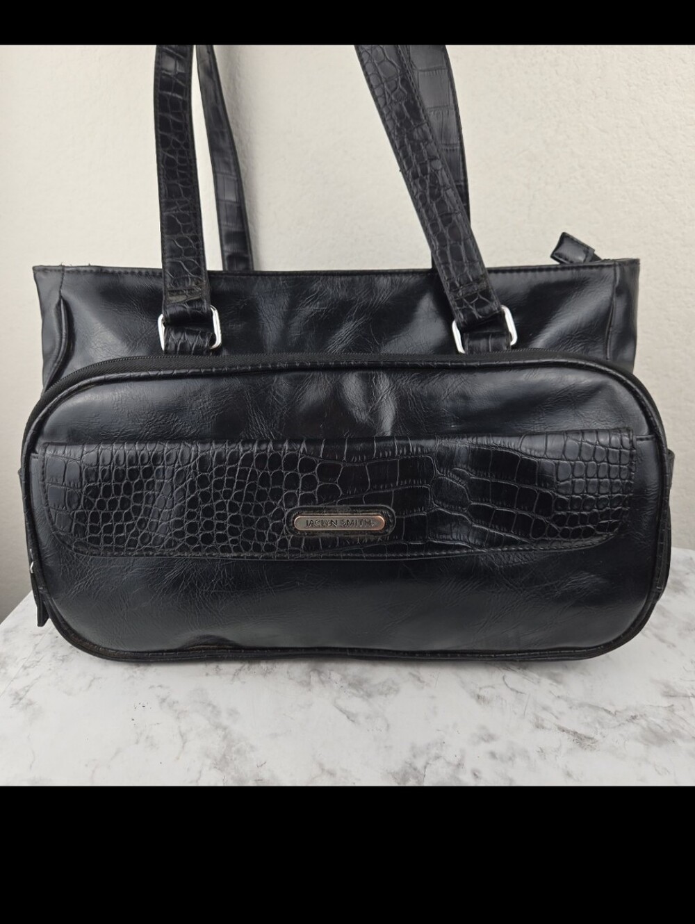 Jaclyn Smith Black Faux-Croc Tote Bag with Front Pocket